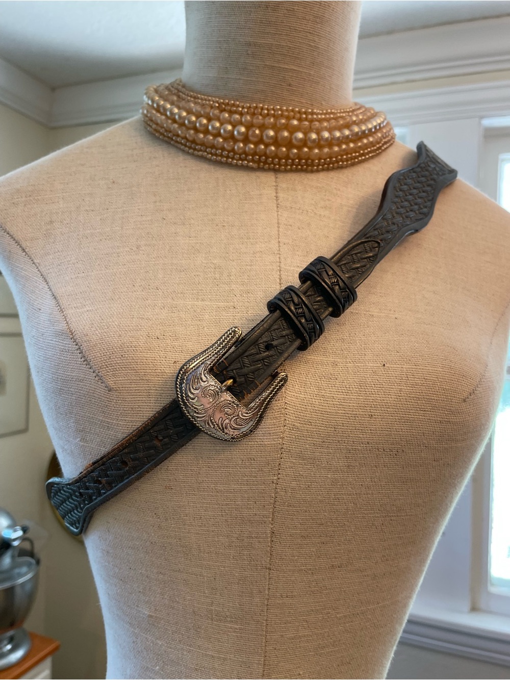 Embossed Gray Leather Western Belt with Ornate Silver Buckle